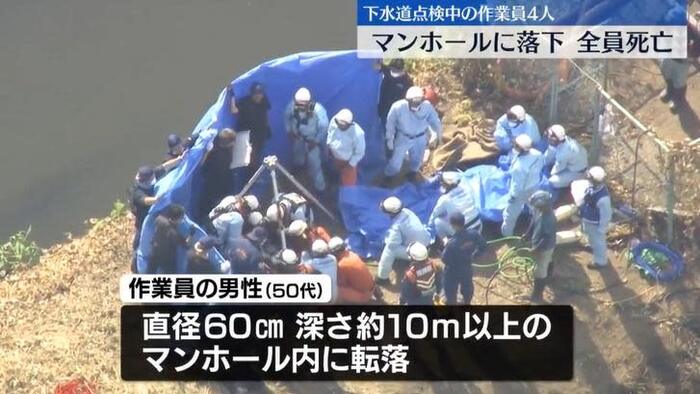 日本埼玉縣4名工人掉落人孔蓋不幸喪生。（圖／NNN）圖片